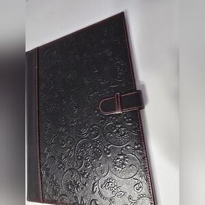 Elegant Black Floral Embossed Leather Portfolio Binder